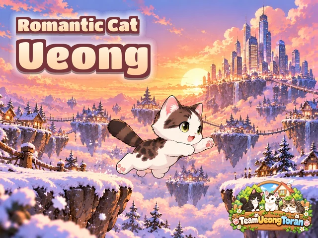 Romantic Cat Ueong: a calico cat leaping between snowy floating islands at sunset